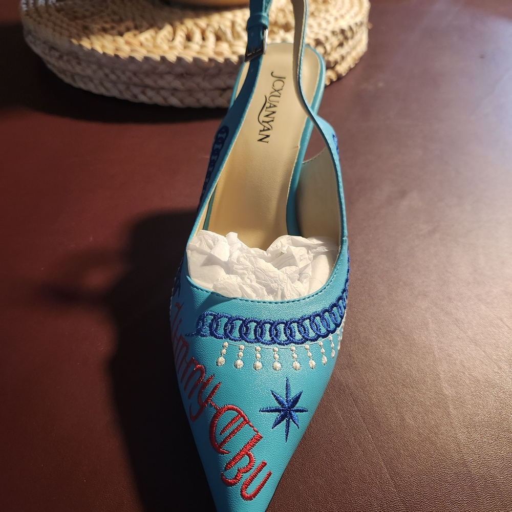 Turquoise Embroidered Slingback Heels